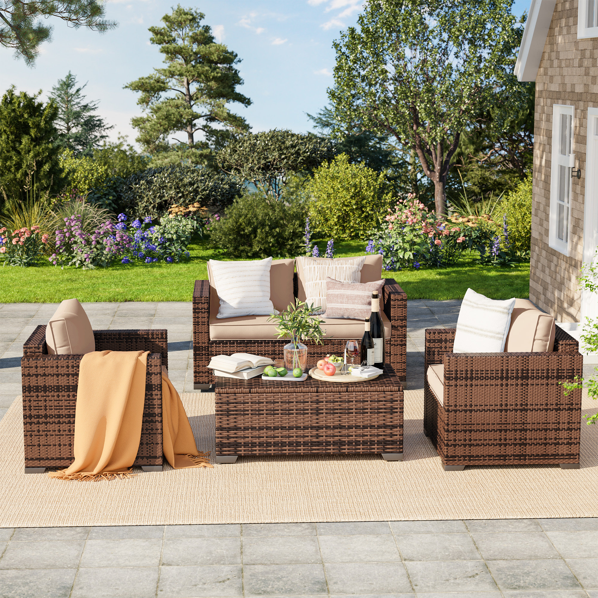 Latitude Run® Azoriah Wicker 4 - Person Outdoor Seating Group with